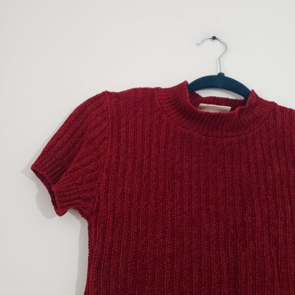 Vintage Womens Ribbed Knit Red Short Sleeve Mock Neck Retro Timeless‎ Y2K Soft - Picture 3 of 8